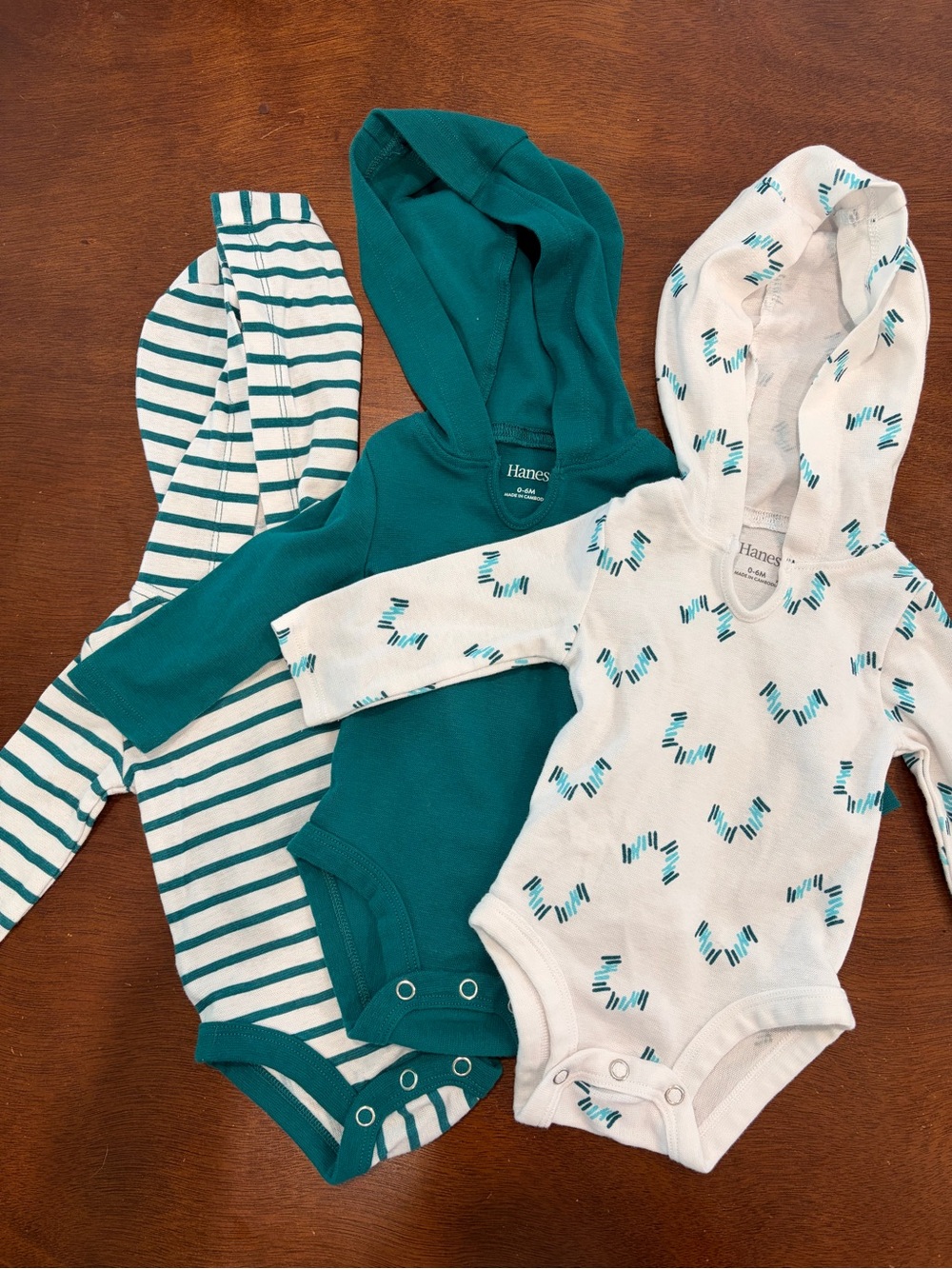 Hanes Teal & White Hooded Baby One-Piece Bodysuits - 3 Pack